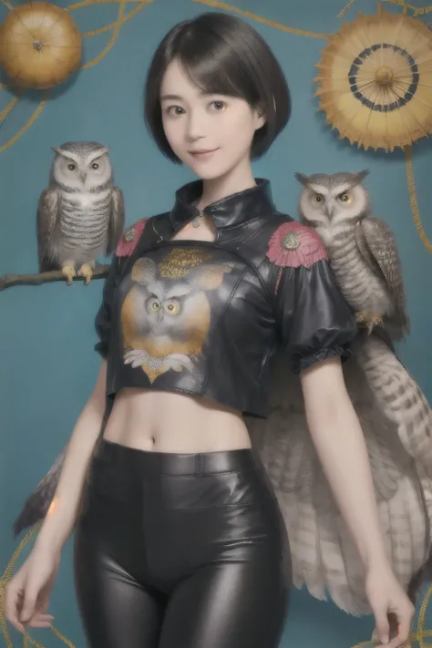 224 Short Hair, 20-year-old woman, A kind smile, (There are also colorful owls), (Rembrandt-style painting), ((machinery suit,Clothes with short sleeves)),I can see your abs