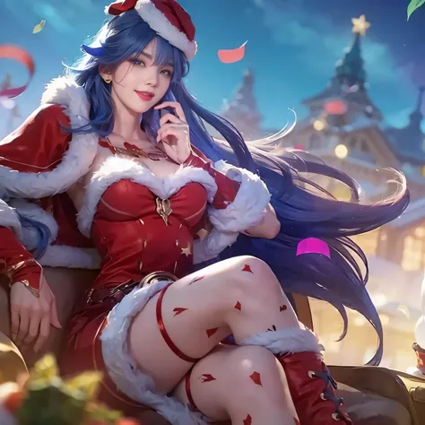 a woman with blue hair and a Christmast sweater, extremely detailed, cleavage breast, breast ball, smile and happiness, gray eyes, detail outfit, perfect body, 8k, not slim, realistic hair, kpop face, red lips