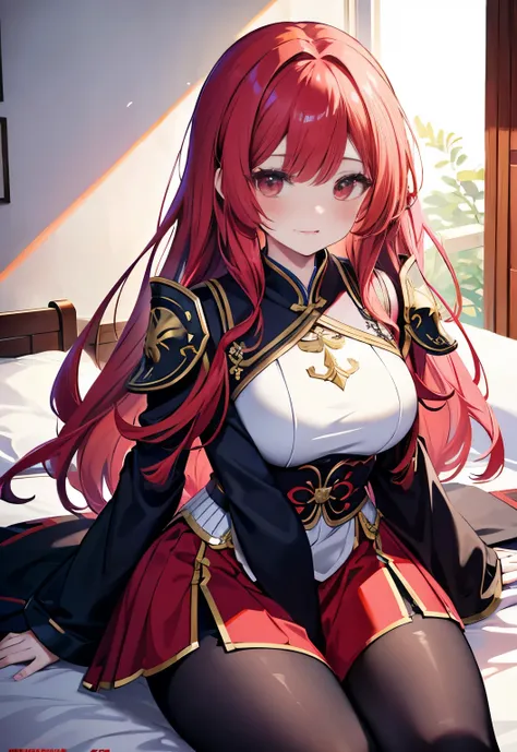 red hair，red eyes，long hair，double tail，blush，li xiuning（destiny）large breasts，red hanfu armor，bedroom background，female general