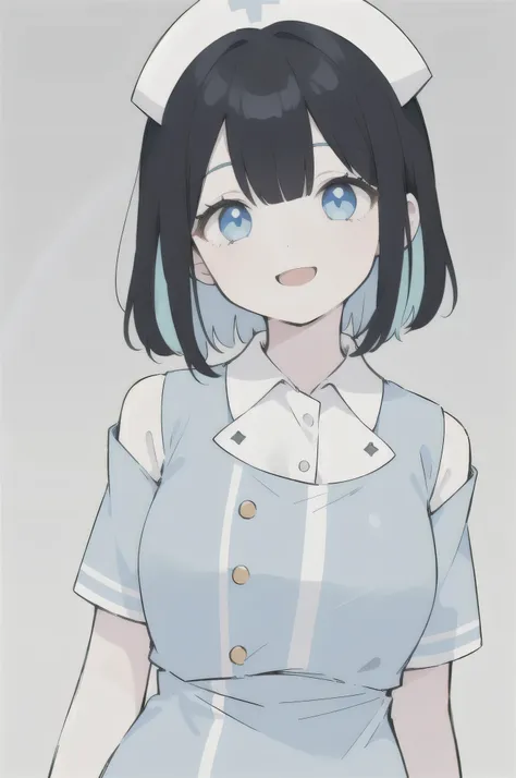 1girl, solo, cute, shoulder-length black hair, matching bangs, rainbow stripes in the hair, colorful saturated stripes in the hair, saturated stripes in the hair, light blue stripes, light blue eyes, light blue nurse uniform, nurse hat , smiling expression...