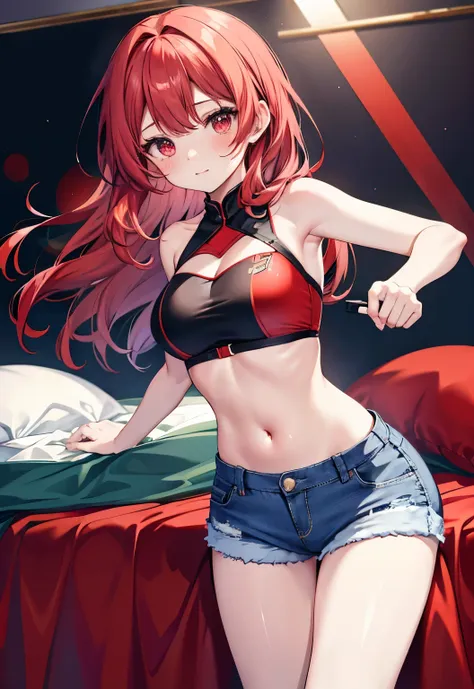 red hair，red eyes，long hair，double tail，blush，li xiuning（destiny）large breasts，red sling bikini，bedroom background，denim shorts，