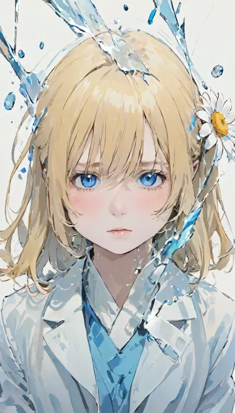 Perfect placement, White coat, Paint the trajectory(Paint Trails), Applying stains, Dirty Art, black and  paint, Wounded, crystallization, Daisy Flower, , blue eyes, sorrow, Long blonde hair, rest position, Abstract Beauty, beautiful young girl with thin f...