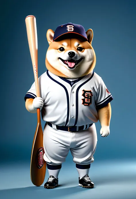 photorealistic portrait of Dressed animals - a ((fat)) Shiba inu Baseball player,(holing bat:1.5),(happy smile),(), high quality,(lovely) ,intricate details, highly detailed (baseball uniform )),baseball cap,, (happy), studio lighting,(full body image:2.0)