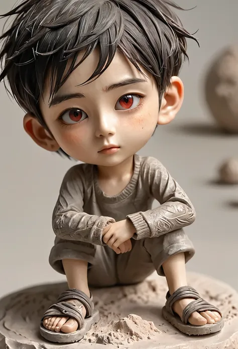 (best quality:1.2),ultra-light clay, clay, pottery, rough knitted texture, distressed, dirty, mineral pigments, 3D clay sculpture art, clay sculpture, rough surface, (1boy, earrings, jewelry, male focus, piercing, red eyes, sandals, solo, tattoo)