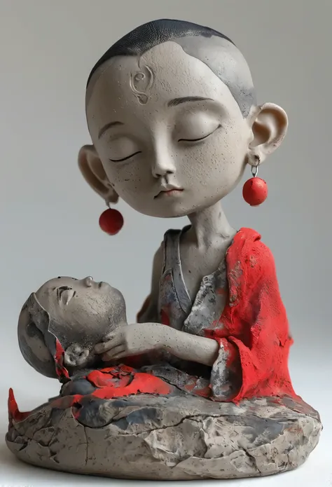 (masterpiece, best quality:1.2),Ultra-light clay，soil，Clay，Rough knitted texture，Old，Dirty， Mineral pigments，3D Clayclay Sculpture Art，clay sculpture，Rough surface，（1boy,earrings,jewelry,male focus,piercing,red eyes,sandals,solo,tattoo