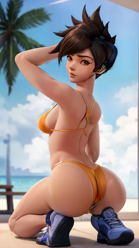 Tracer from overwatch is wearing a slutty string bikini and bending over to show you her ass. thicc_ass. small_boobs. sneakers, squatting, back view. pussy_outline. sexy pose. nsfw. cameltoe. sexy. porn. 