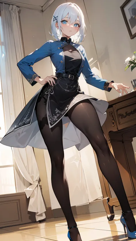 white hair, blue eyes, x hair ornament,
break ((thighs, black tights),(high heels), ultra detailed and pretty dress from luxury ...