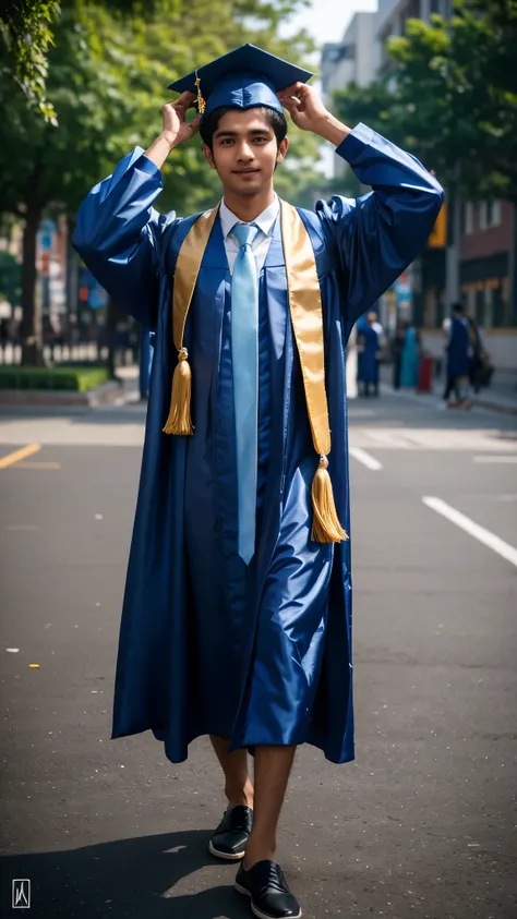 a India handsome male wearing graduation gown, blue and black gown, university graduation, toga hat, graduation ceremony, university building at background, blur background, dynamic lighting, bokeh, wide angle camera