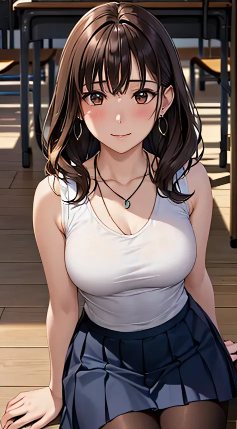 (Tabletop, highest quality, High resolution, , Perfect Pixel, 4K,), 1 girl, single, alone, Beautiful woman、I could see the whole body、 ((Wavy mid-length hair, bangs, Brown Hair)), ((Brown eyes, Beautiful eyelashes, Realistic eyes)), ((Detailed face, blush:...