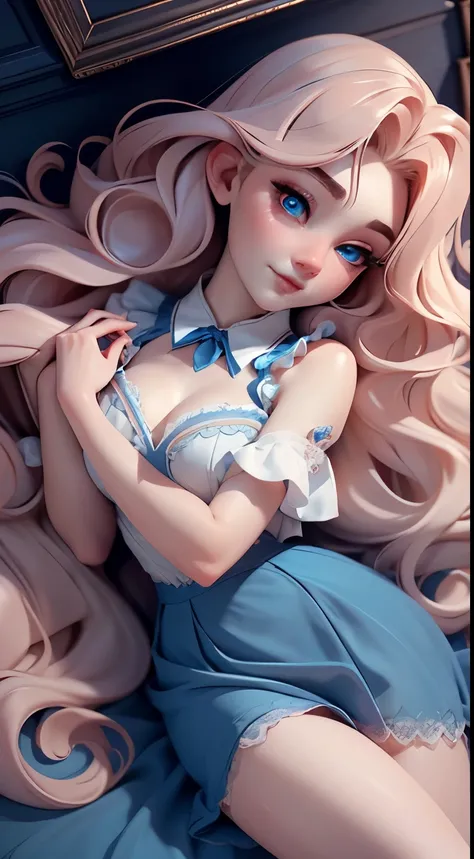 Gorgeous vampire lying in bed, Pale skin, Sparkling blue eyes, Wavy Peach Hair, Lace suspender skirt, attitude，Show your shoulders，fantasy, Film Grain, Ultra HD, Motion Blur，Ray Tracing，masterpiece, Anatomically correct, Super Detail, best quality, High-an...