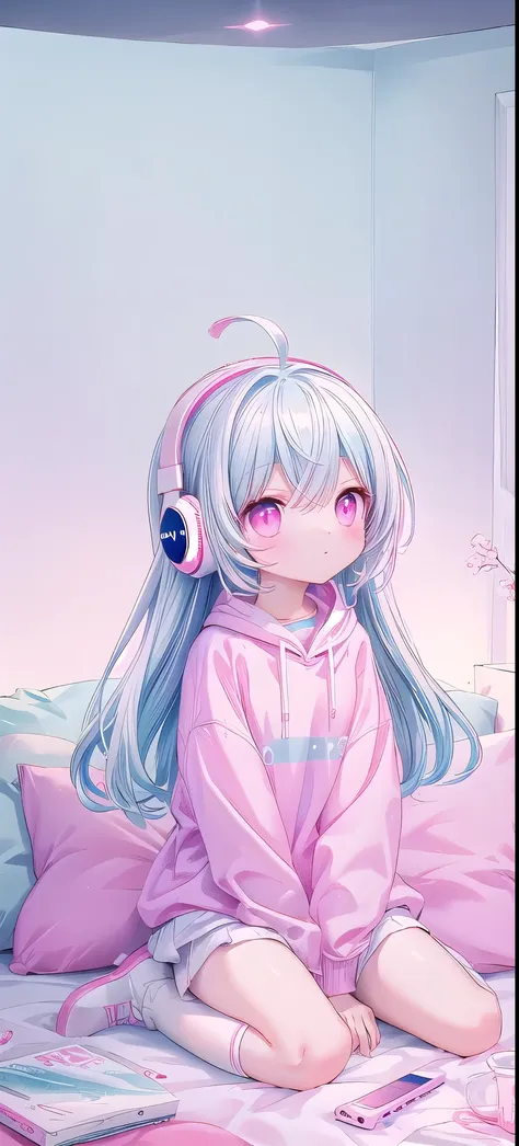 ，White knee socks，Long light blue hair，Pink and white sweatshirt，Pink Eyes，blue headphones