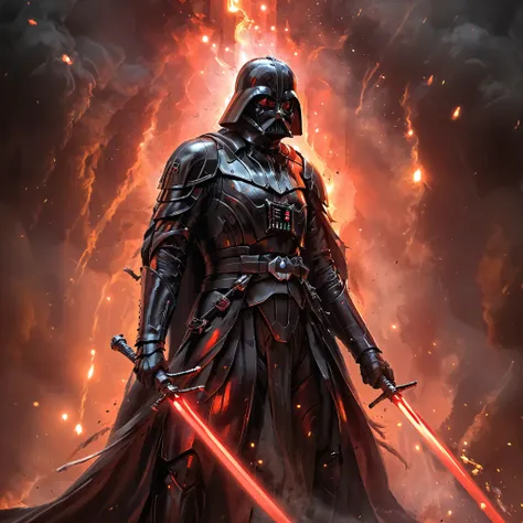 very dark photo of darth vader wielding double swords. . aura de humo rojo