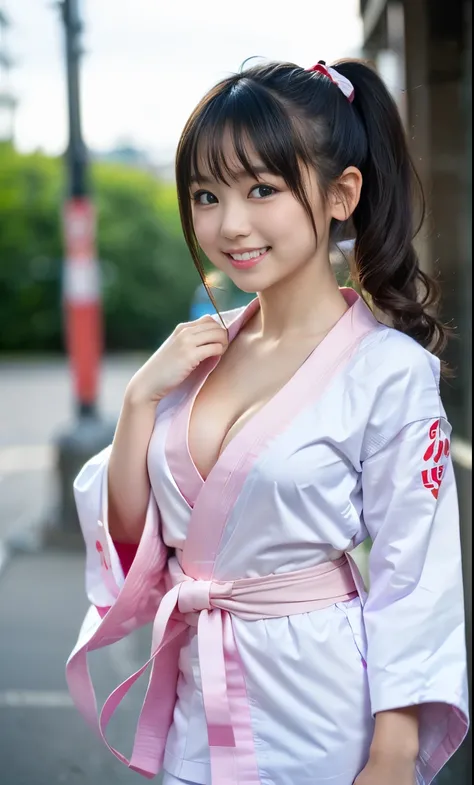 8k、Raw photography、highest quality、masterpiece：1.2),(Black-haired),((From the knee up:1.35))View Audience,Viewed from the front,erotic,White skin,(Loli and Chibi GirlがNaked and wearing a karate kimono:1.7)、(Clothing that emphasizes the shape of your chest、...