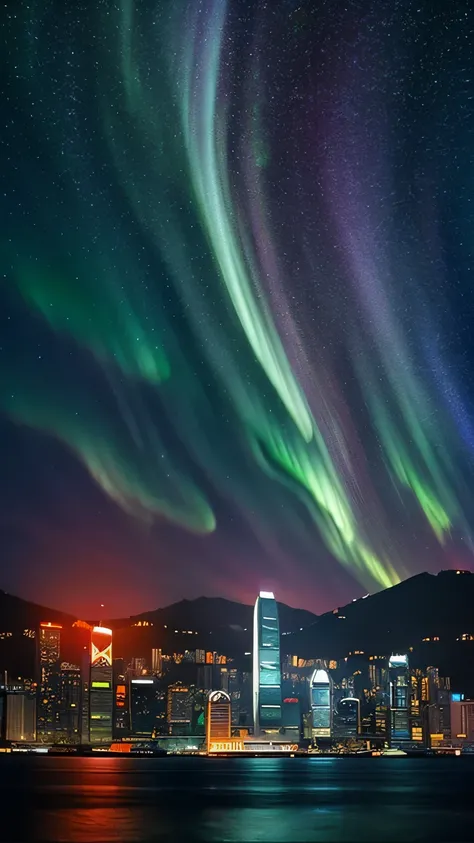 Hong Kong at night，Victoria Harbour at night，Northern Lights，Colored glow, Surround her with colorful nebulae and colorful metropolises.