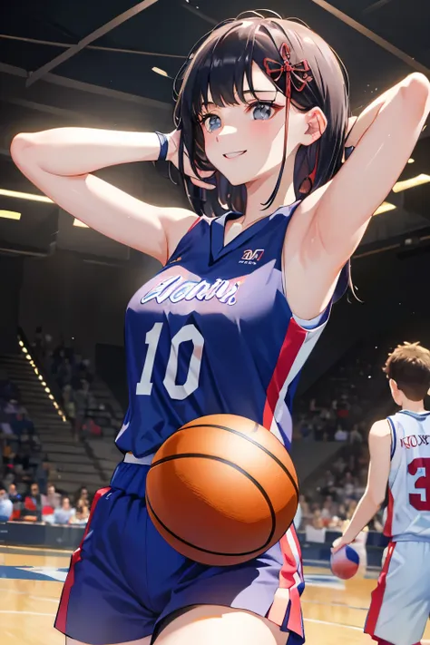 (8k, raw photo, best quality, masterpiece:1.2)、beautiful fine details, highly detailed face, , ,、smile、((basketball uniform))、(u...