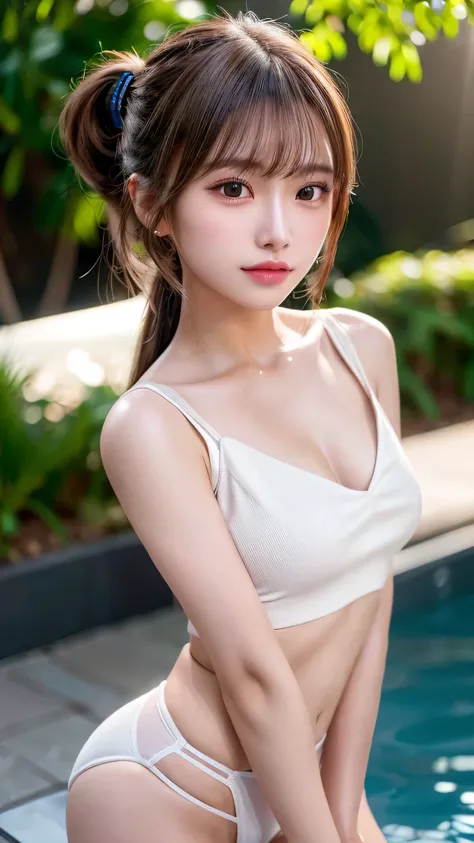 Outdoor,Midnight Pool,Its dark outside,Lit up with neon lights,bikini,Blushing,Facing forward,Small breasts,14 years old,Long hair ponytail,((8K, Raw photo, Best Quality, Mastepiece:1.2), (Realism, Photorealistic:1.4), (Highly detailed 8K wallpapers), Dept...