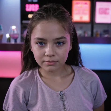 photo of a 6 years old, in Purple Pink, futuristic cotton and linen, (freckles:0.8) cute face, sci-fi, dystopian, detailed eyes, cobalt blue eyes((Side view))Disco bar