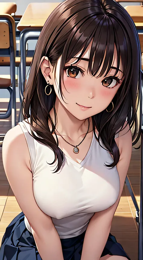 (Tabletop, highest quality, High resolution, , Perfect Pixel, 4K,), 1 girl, single, alone, Beautiful woman、I could see the whole body、 ((Wavy mid-length hair, bangs, Brown Hair)), ((Brown eyes, Beautiful eyelashes, Realistic eyes)), ((Detailed face, blush:...