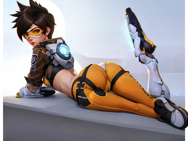 Tracer from overwatch is wearing a slutty bikini and posing for a porn. yellow sneakers, squatting, spread legs, back view, from behind, blushing, small breasts,