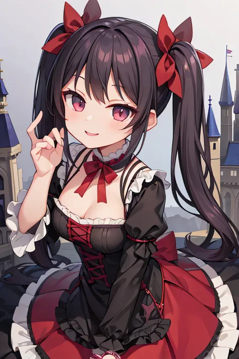 highest quality、smile、vampire、gothic lolita、long twin tails、castle