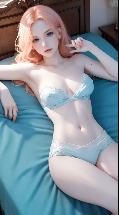 Pale vampire lying in bed, Pale skin, Sparkling blue eyes, Wavy Peach Hair, Covered with a towel, Seductive gesture，Show your shoulders，Small Breasts，fantasy, Film Grain, Ultra HD, Motion Blur，Ray Tracing，masterpiece, Anatomically correct, Super Detail, be...