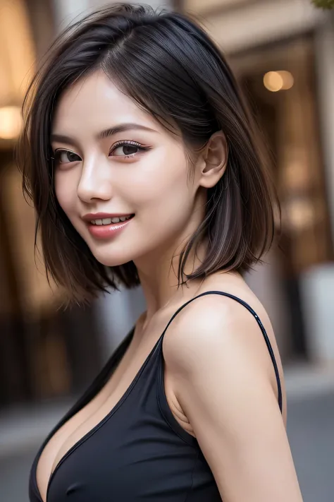 (8k, RAW Photos, highest quality, masterpiece, Realistic, Realistic), (1 female), (Ultimate beauty), Highly detailed face, (Perfect Teeth), Beautiful Eyes, double eyelid, eyelash, smile, Lip details, (Neat brunette bob), The light shines on your face, Big ...