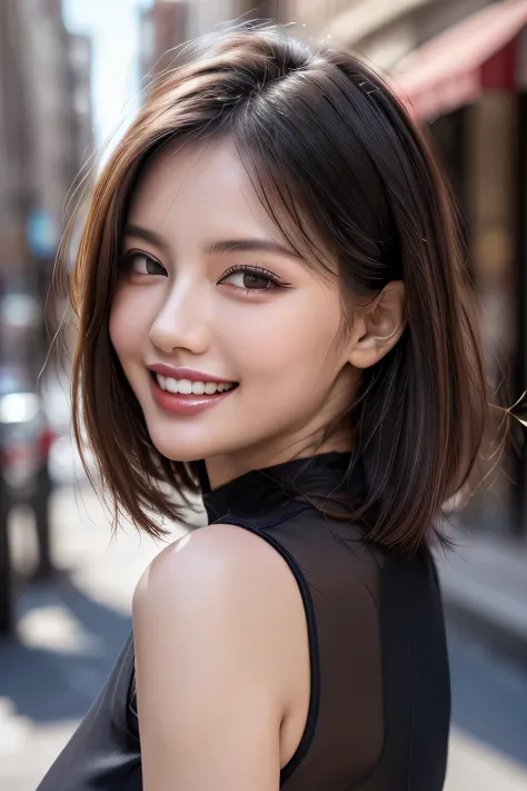 (8k, RAW Photos, highest quality, masterpiece, Realistic, Realistic), (1 female), (Ultimate beauty), Highly detailed face, (Perfect Teeth), Beautiful Eyes, double eyelid, eyelash, smile, Lip details, (Neat brunette bob), The light shines on your face, Big ...