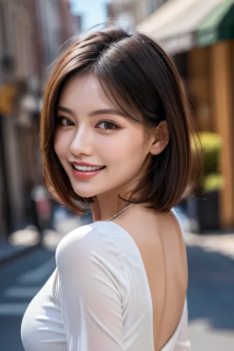 (8k, RAW Photos, highest quality, masterpiece, Realistic, Realistic), (1 female), (Ultimate beauty), Highly detailed face, (Perfect Teeth), Beautiful Eyes, double eyelid, eyelash, smile, Lip details, (Neat brunette bob), The light shines on your face, Big ...