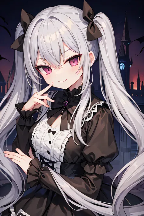 highest quality、smirking face、vampire、gothic lolita、long twin tails、silver hair、castle