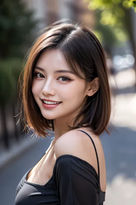 (8k, RAW Photos, highest quality, masterpiece, Realistic, Realistic), (1 female), (Ultimate beauty), Highly detailed face, (Perfect Teeth), Beautiful Eyes, double eyelid, eyelash, smile, Lip details, (Neat brunette bob), The light shines on your face, Big ...