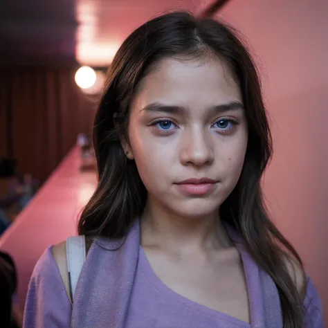 photo of a schoolgirl,8 years old, in Purple Pink, futuristic cotton and linen, (freckles:0.8) cute face, sci-fi, dystopian, detailed eyes, cobalt blue eyes((Side view))Disco bar