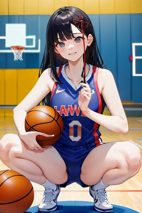 (8k, RAW photo, best quality, masterpiece:1.2)、Beautiful fine details, Highly detailed face, , ,、smile、((basketball uniform))、Tank top、Her underwear is visible、((squat、Spread your legasturbation))))、White uniform、