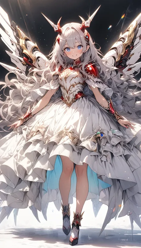 masterpiece, best quality, extremely detailed, high resolution, Japanese anime,1girl, silver hair, (medium length hair:1.4), curly hair, wavy hair, drill hair, (mechanical horn:1.5), mechanical wing, (blue eyes:1.5), (beautiful detailed eyes:1.4), laugh, 1...