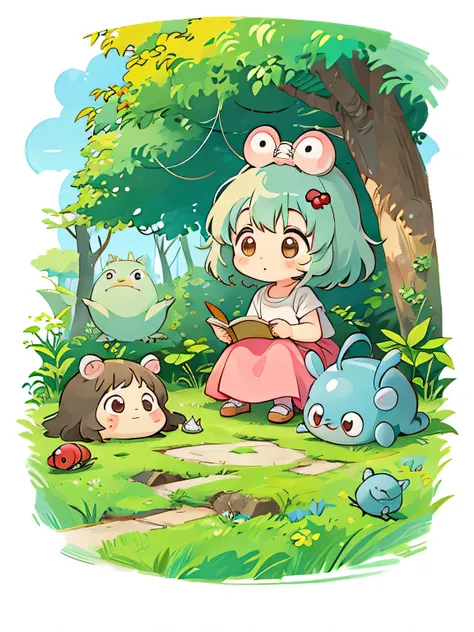 hayao miyazaki style, Kawaii Design, The most beautiful girl of all time、Chibi, Cute and colorful pillbugs、play together、Lots of pillbugs、Totoro Forest