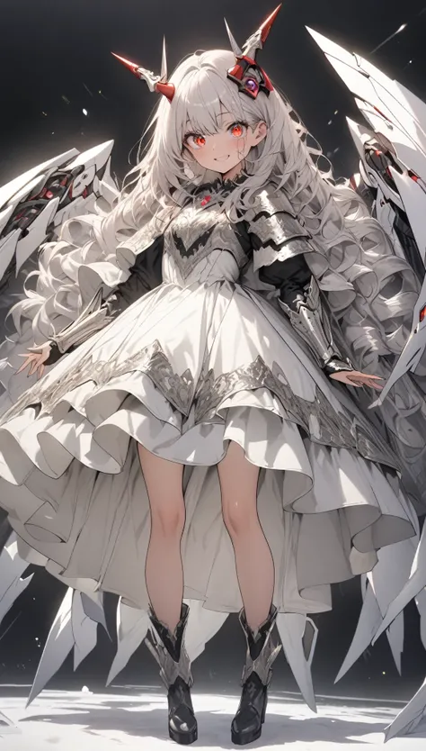 masterpiece, best quality, extremely detailed, high resolution, Japanese anime,1girl, silver hair, (medium length hair:1.4), curly hair, wavy hair, drill hair, (mechanical horn:1.5), mechanical wing, (red eyes:1.5), (beautiful detailed eyes:1.4), laugh, 13...