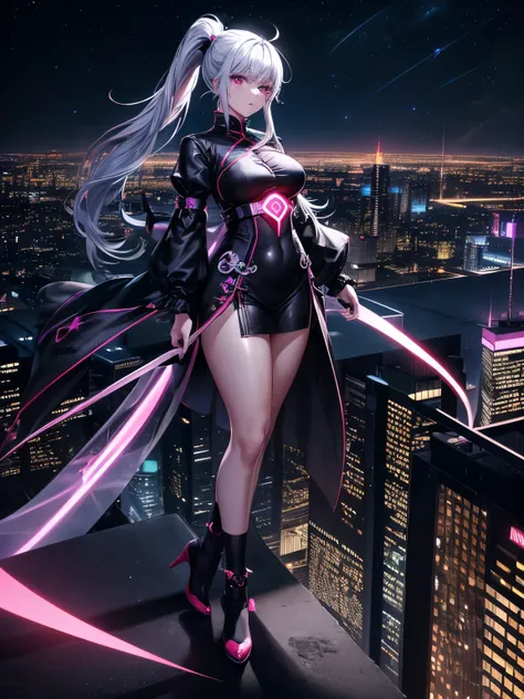 anime, (artwork, best quality, ultra-detailed, high contrast), 1 woman (Alone, full body, plus size body, standing on the edge of the skyscraper, silver hair, LONG In a ponytail, red eyes ruby sparkles, (simple black qipao, black cybernetics with neon pink...