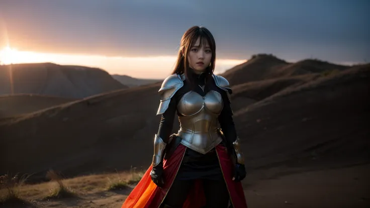 "Step into the world of Konosuba and envision a realistic portrayal of Lalatina, better known as Darkness. Imagine her standing amidst a vast, open field, the golden hues of the sunset casting a warm glow upon her armor-clad figure. Her posture is upright,...
