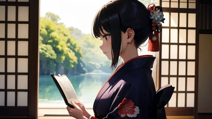 A beautiful girl reading in a kimono、profile、