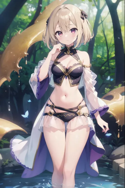 (masterpiece)、(highest quality)、(Super Detail)、(Best Anatomy)、Official Art, One Girl, Light-colored hair, , Fairy , See-through robe, Small breasts, Cleavage, Off the shoulder, Underbust, ~ side, Focus on the thighs, Belly button, Deep Forest Fountain