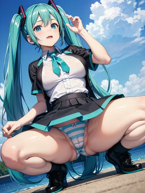 Young Hatsune Miku、skirt、Photographing a subject from below、Low - Angle、Spread your legs、Pussy、Dripping a lot of thick white love juice、squat、Big Breasts、Striped panties