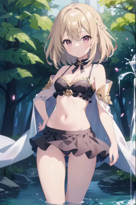 (masterpiece)、(highest quality)、(Super Detail)、(Best Anatomy)、Official Art, One Girl, Light-colored hair, , Fairy , See-through robe, Small breasts, Cleavage, Off the shoulder, Underbust, ~ side, Focus on the thighs, Belly button, Deep Forest Fountain