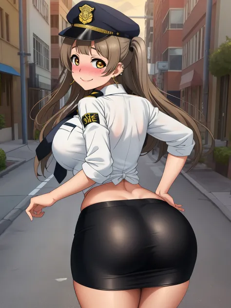 Masterpiece, best quality,solo, (detailed face), from behind, minami kotori, curvy body, smile,(embarrassed:1.2) ,white shirt,half sleeves,earrings, pencil skirt, midriff, necktie , standing,police cap,in street,looking back, cowboy shot, thighs, wide hips...