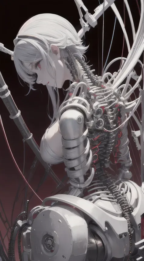 (((masterpiece))), ((highest quality)), (Super Detail), (CG illustration), (So evil and beautiful)), Cinematic Light, ((1. Mechanical Girl)), single, (Mechanical Arts: 1.4), ((Mechanical Limbs)), (Blood vessel attached to a tube), ((Mechanical spine attach...