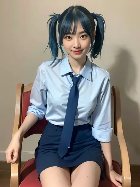 (highest quality、Blue Hair、8k、32k、masterpiece、Hmph:1.2)、sexy、17 years old、Cute Japanese Women Photos、Twin tails、thin、slender、(Bobcut)、(Small Tits)、double eyelid、 Red open front shirt、Navy blue tie、You can see her underwear faintly、Red mini skirt、Thighs、Lig...