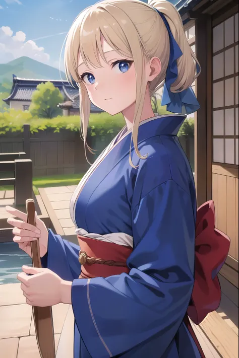 beatrixamerhauser, Beatrix Amerhauser, cheveux longs, yeux bleus, Cheveux blond, gants, queue de cheval, (poitrine moyenne:1.2),
CASSER japanese clothes, kimono, Yukata,
CASSER looking at viewer,
CASSER outdoors, onsen,
CASSER (chef-d&#39;artwork:1.2), bes...