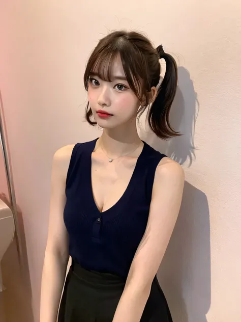 one person、whole body photos、Navy blue polo shirt、Cleavage、Navy blue mini skirt、fun、16 years old、whole body、slender、woman、White drool coming out of the mouth、Short hair, fair skin,Twin tails、Super cute、Soft and Face、Brown Hair、8k resolution、Surreal、Ultra h...