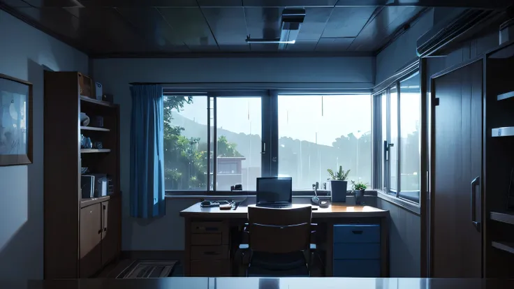 a dark wide angle working space from corner with apple on table, window with rain, high quality, at night, warm and blue tone