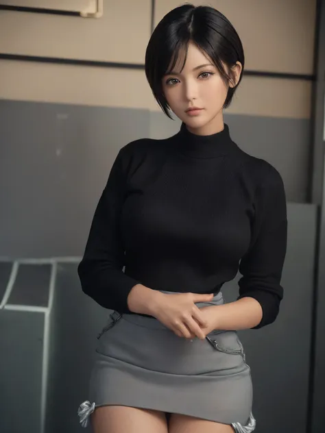 (masterpiece:1.3), (8k, Realistic, RAW Photos, highest quality: 1.4), (One girl), Beautiful Face, (Realistic Face), (Black Hair, short hair:1.3), Beautiful hairstyle, Realistic eyes, Beautiful fine details, (Realistic Skin), Beautiful Skin, (sweater), Absu...