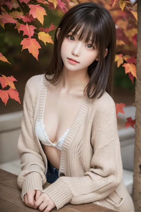 Tabletop, highest quality, One girl, (Beautiful girl, cute:1.3), (15 years old:1.3), Very fine grain definition, (Symmetrical eyes:1.3), (autumn leaves), (Tilden Cardigan:1.2), Small breasts, Brown eyes, Parted bangs, Brown Hair,  girl