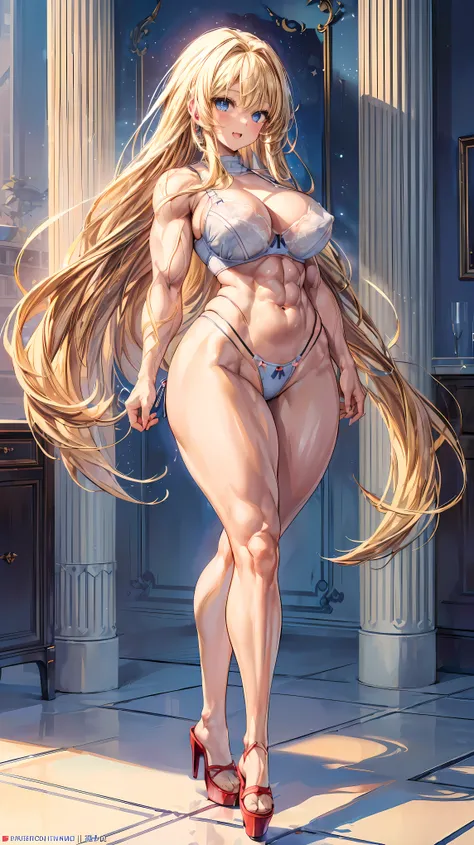 Very detailed、highest quality、Best image quality、masterpiece、8k、Anime Face、A kind smile、(Open your mouth:1.3)、Sparkling blue eyes、(Blonde semi-long hair:1.5)、(Muscles of the whole body:1.3)、(High leg panties:2.0)、Thigh belt、(Upper body photo:1.5)、(SFW Gian...